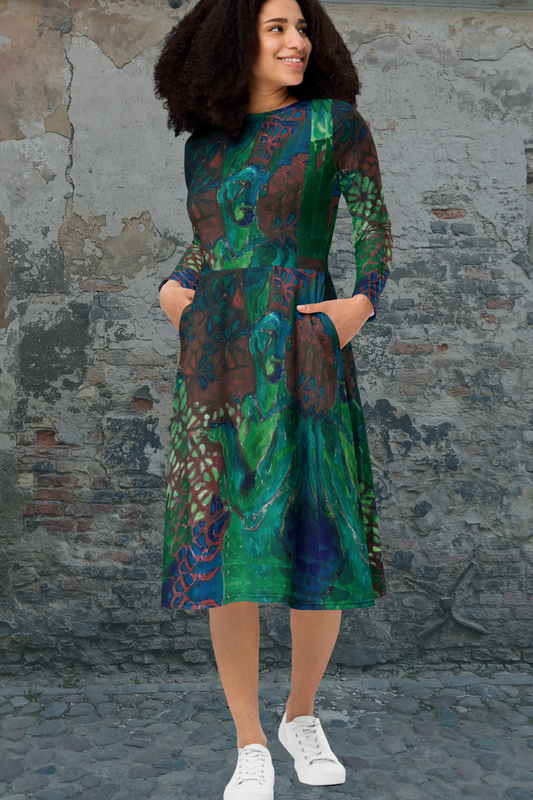 The Great Green. All-over print long sleeve midi dress